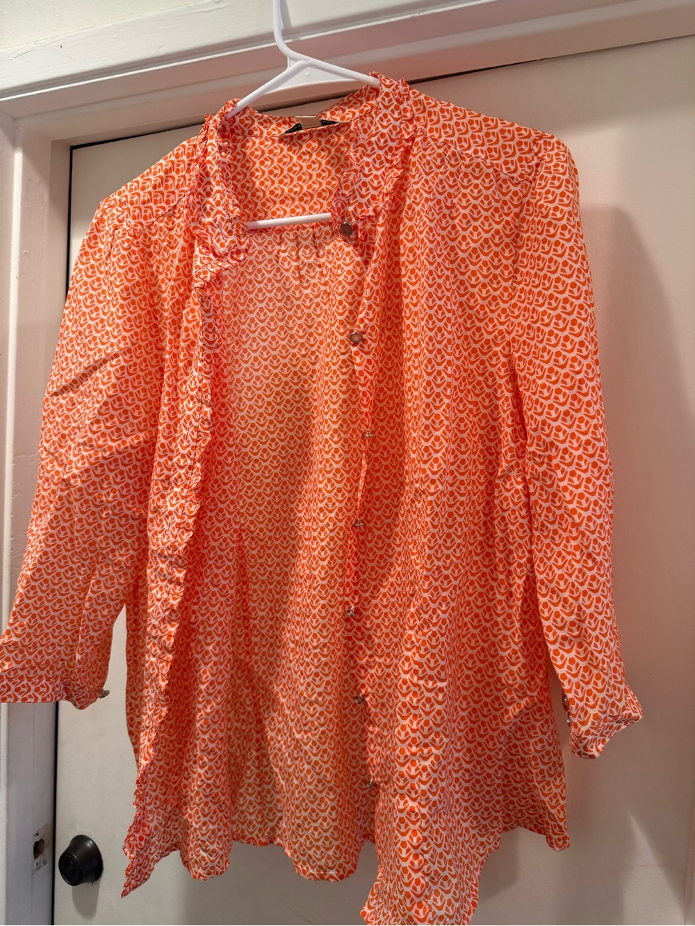 Banana Republic Orange Printed Ruffle-Trim Blouse
